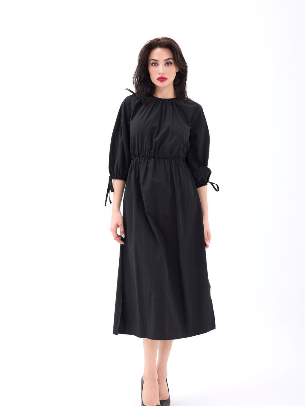 Zara Cotton Black Midi Dress with Puff Tie Sleeves S